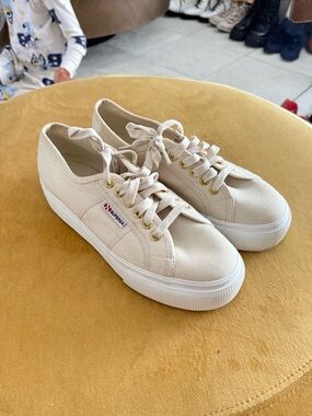 Superga Cream Canvas Platform Sneakers with Gold Eyelets